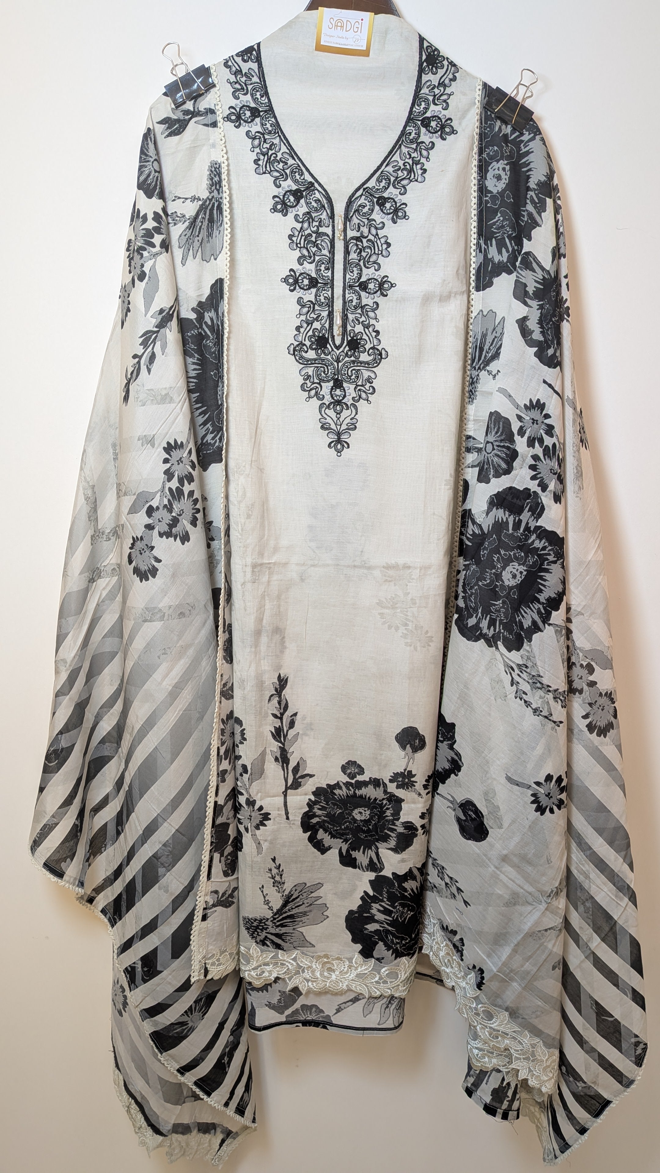 Floral Print Black and White Unstitched Suit on Pure Mul Cotton