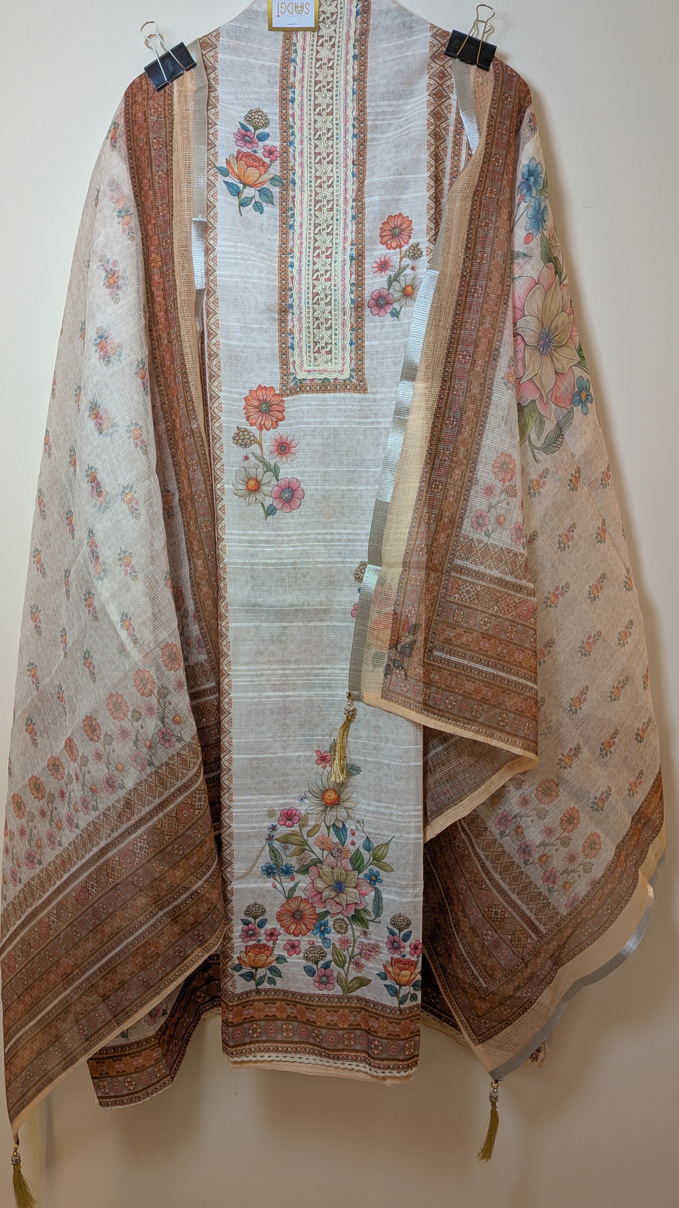 Floral Printed Unstitched Suit Set with Linen Shirt Piece Kota Doria Dupatta