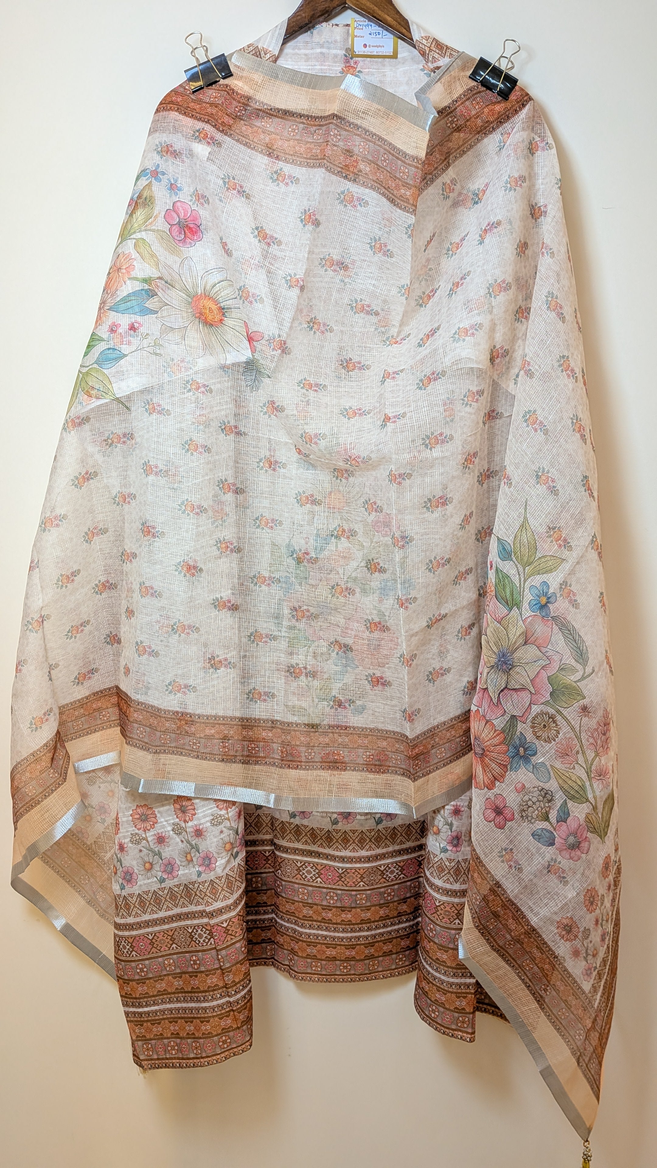 Floral Printed Unstitched Suit Set with Linen Shirt Piece Kota Doria Dupatta