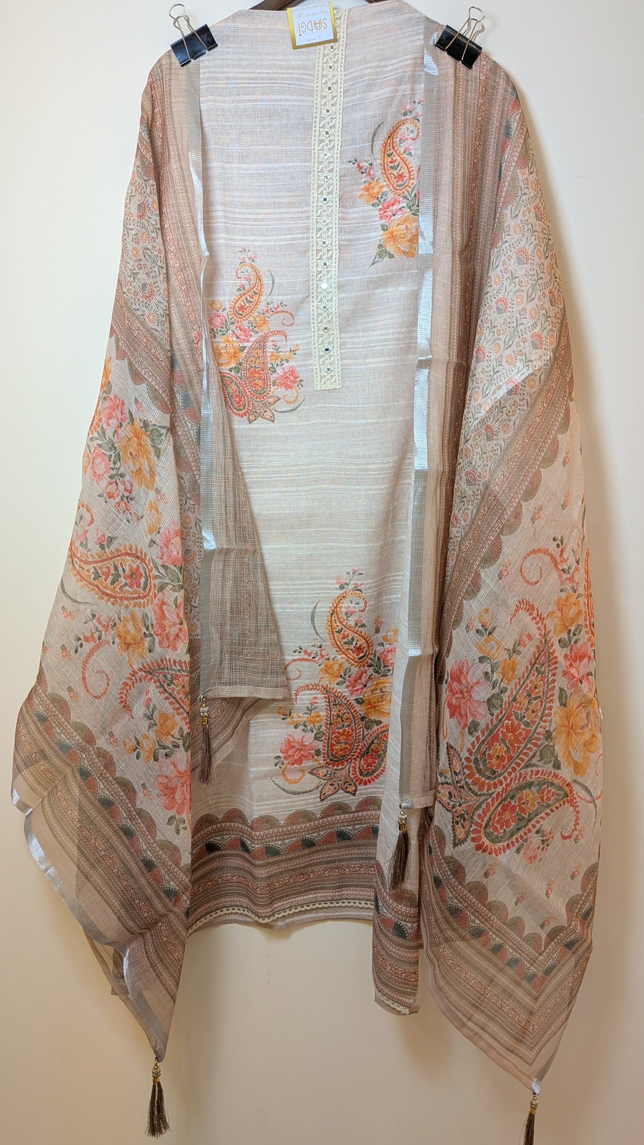 Floral Printed Unstitched Suit Set with Linen Shirt Piece Kota Doria Dupatta