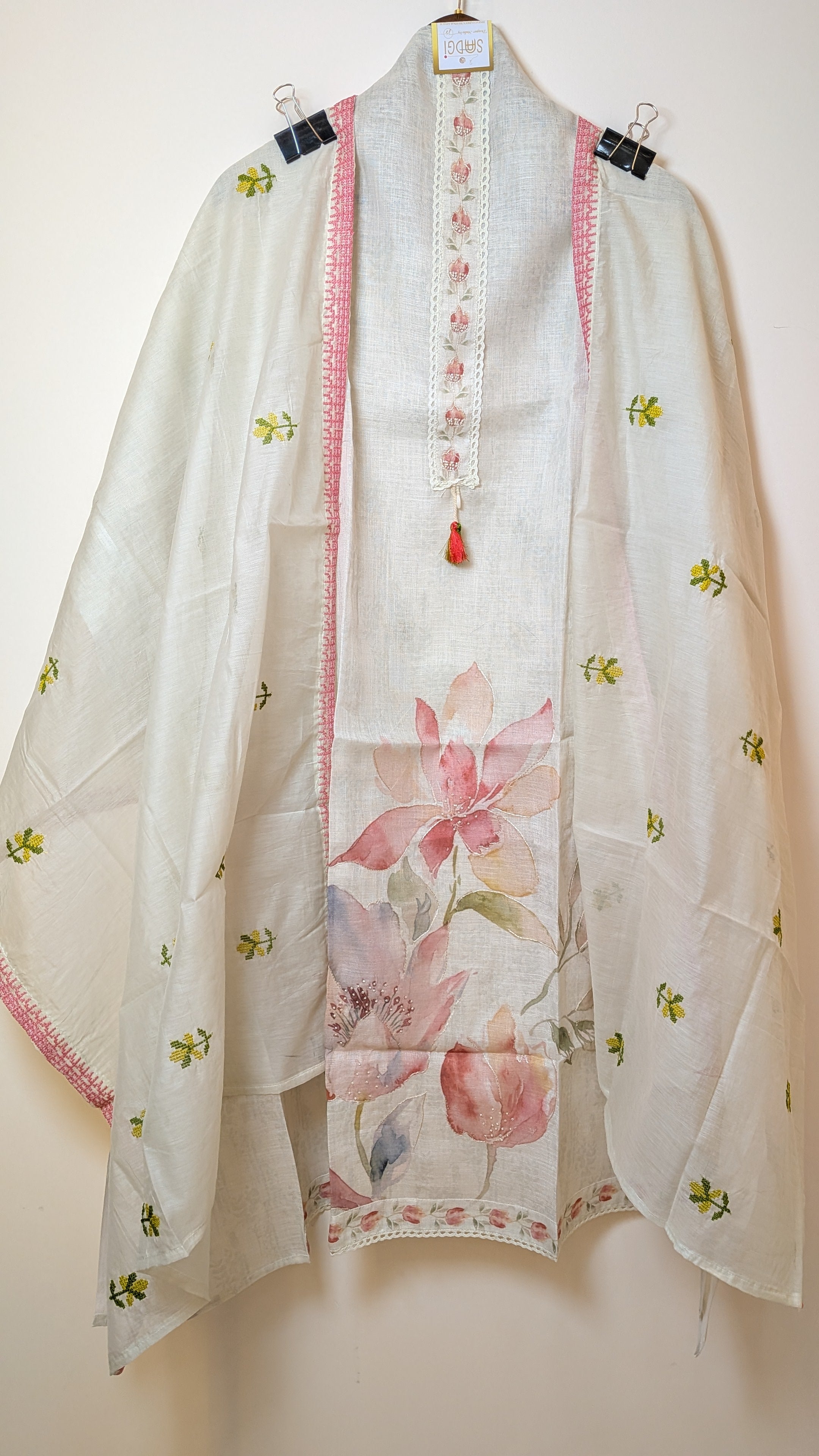Floral Printed Unstitched Suit Set on Kota Doria with Handwork Detailing