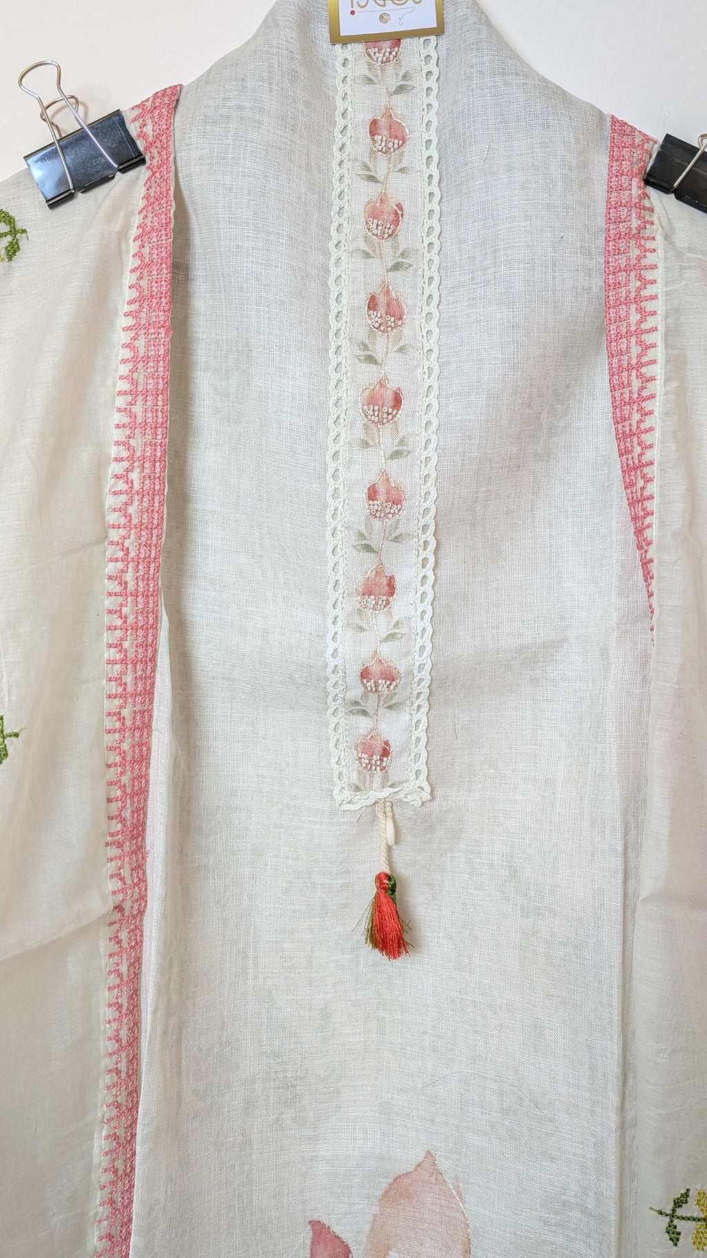 Floral Printed Unstitched Suit Set on Kota Doria with Handwork Detailing