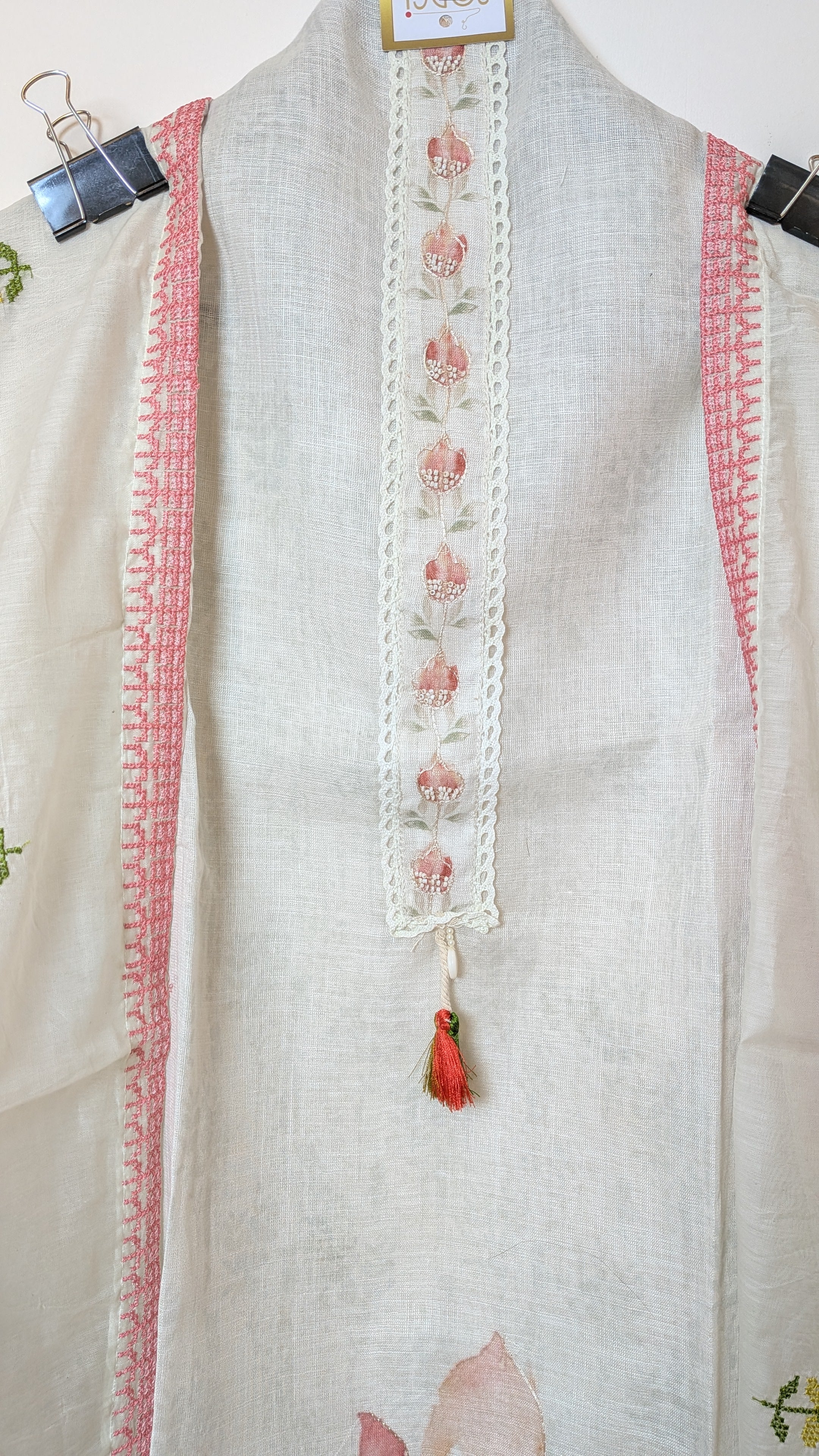 Floral Printed Unstitched Suit Set on Kota Doria with Handwork Detailing