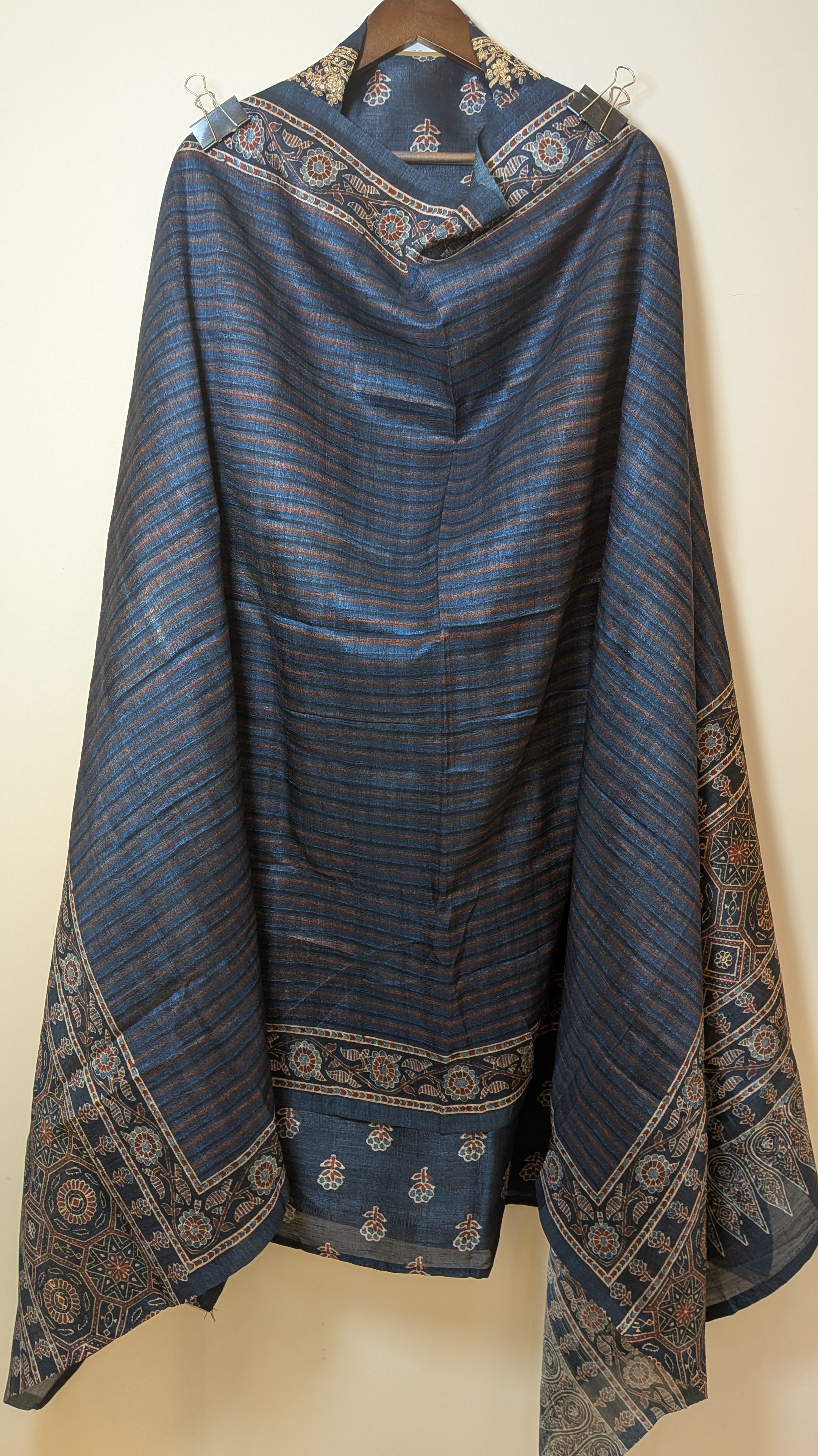 Block Print Unstitched Suit Set on Tussar Silk