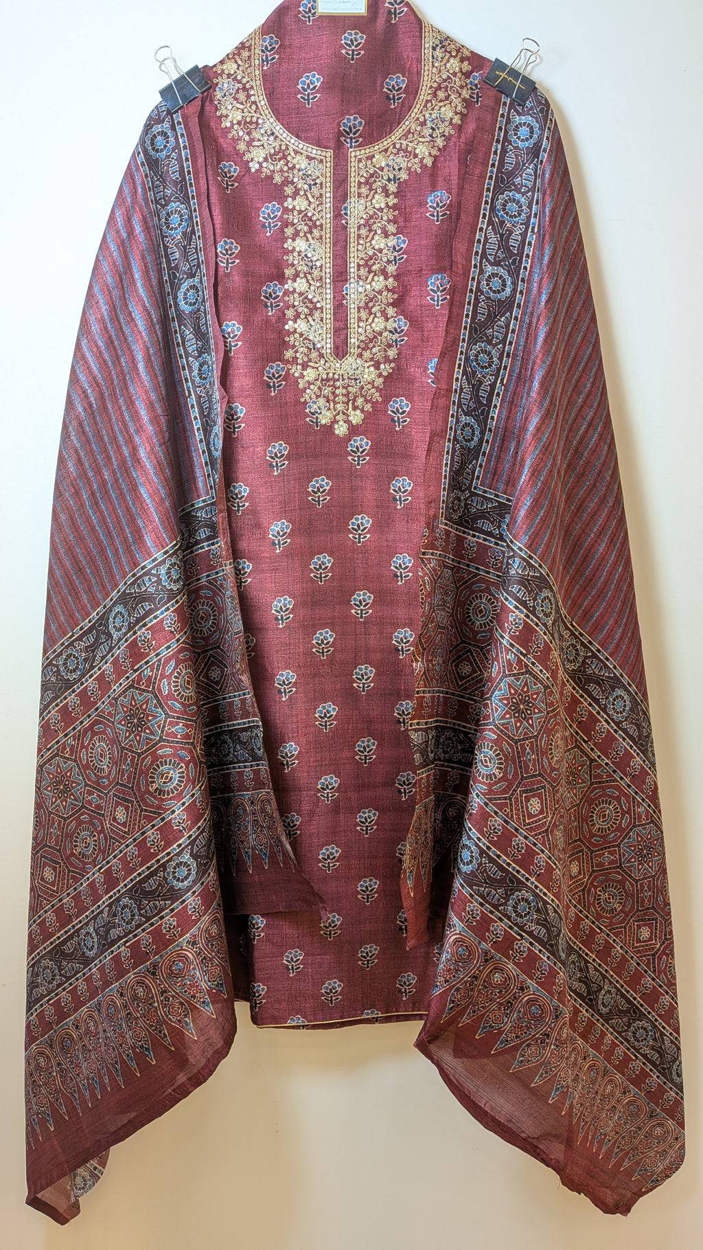 Block Print Unstitched Suit Set on Tussar Silk