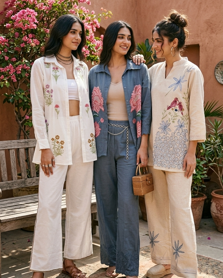 Three women standing together outdoors with a floral background